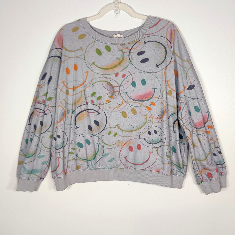 Easel Smiley Face Sweatshirt Graffiti Print Gray Cotton Size L